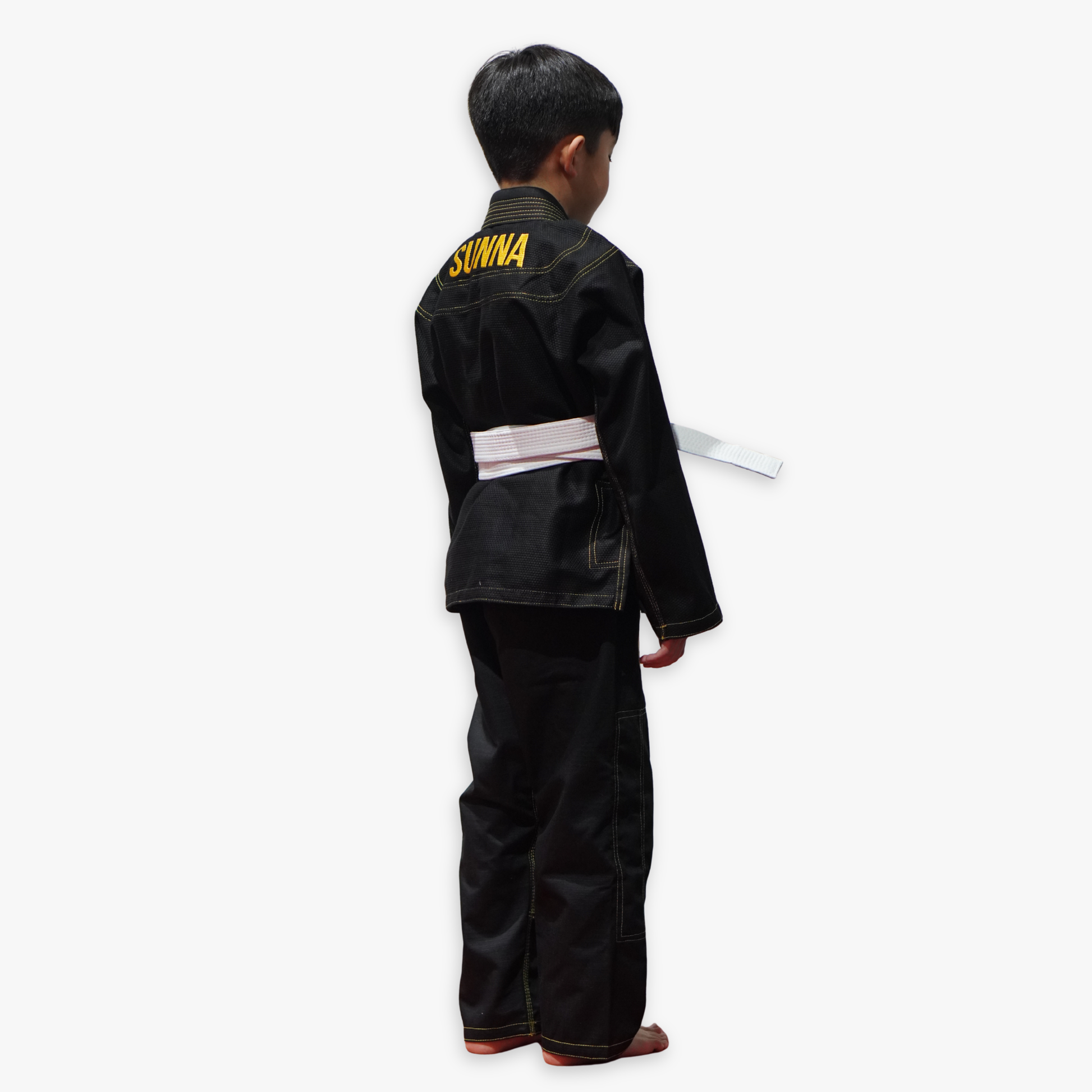 Child wearing a black martial arts uniform with 'Sunwa' branding on the back, standing against a white background.