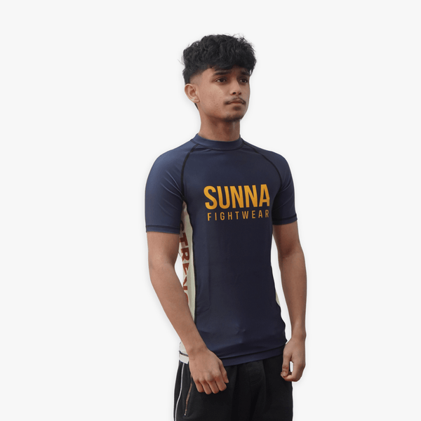 Sunna Fightwear Ranked Blue Series rashguard front angle - no-gi BJJ compression top for Brazilian Jiu-Jitsu training
