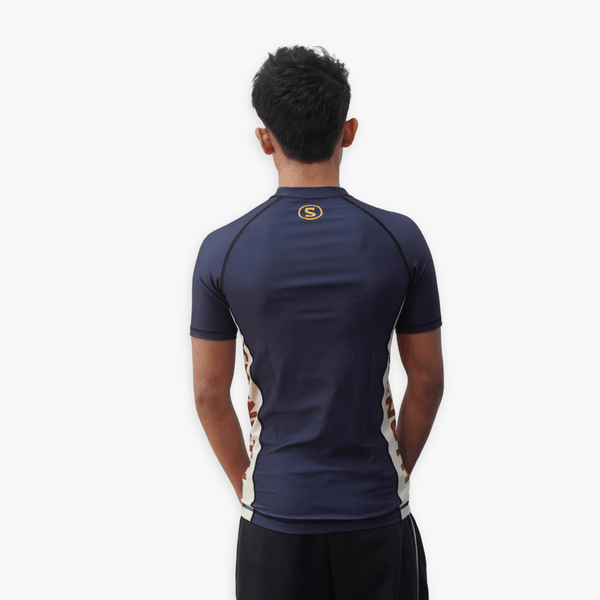 Blue Series rashguard back view - Sunna Fightwear ranked compression shirt for BJJ grappling and MMA
