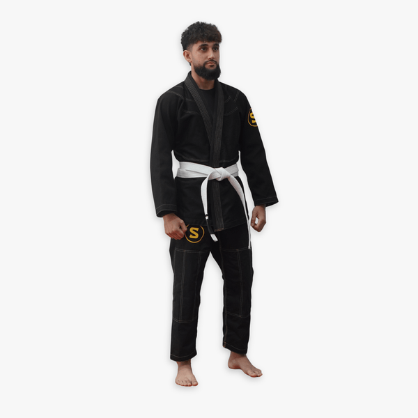 Sunna Fightwear black BJJ gi front angle - premium Brazilian Jiu-Jitsu kimono uniform with reinforced stitching
