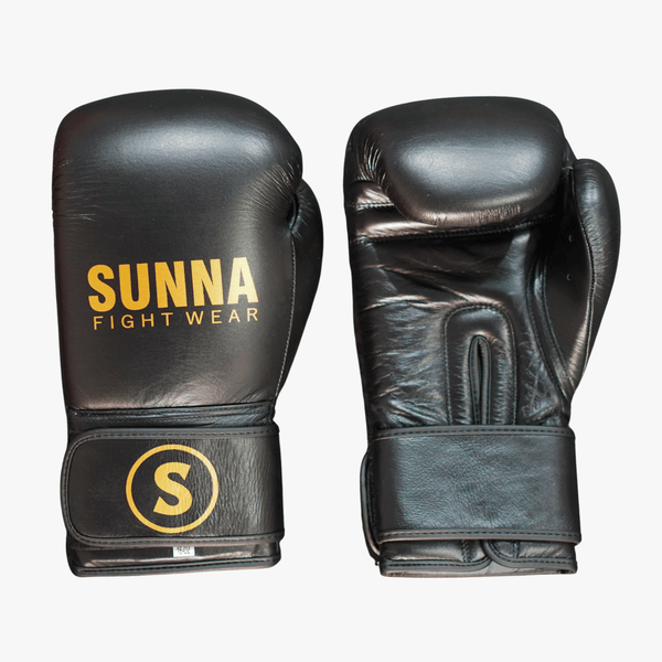 Sunna Fightwear boxing gloves black pair - premium PU leather training gloves for MMA kickboxing sparring
