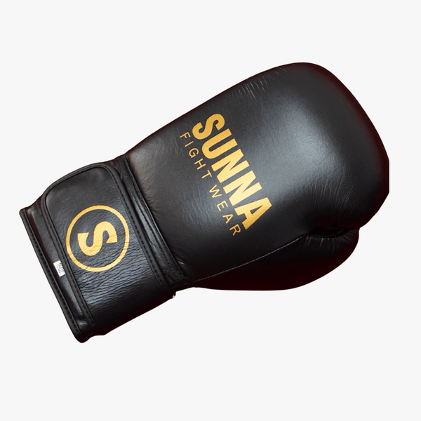 Black boxing glove single view - Sunna Fightwear premium PU leather glove with wrist support and padding
