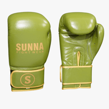 Sunna Fightwear olive green boxing gloves pair - premium PU leather training gloves for Muay Thai and boxing
