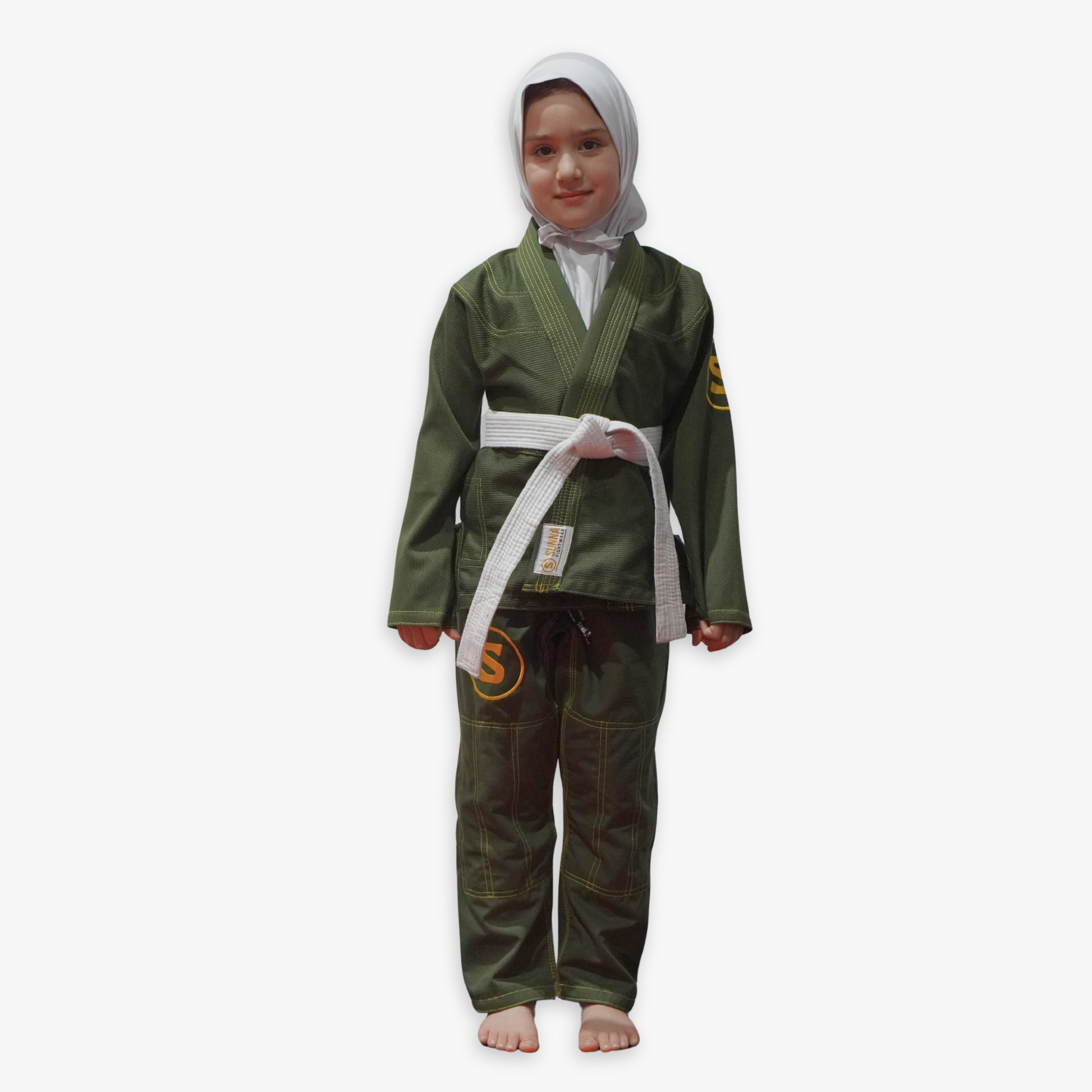 Young girl in a hijab wearing a green martial arts uniform with a white belt on a white background