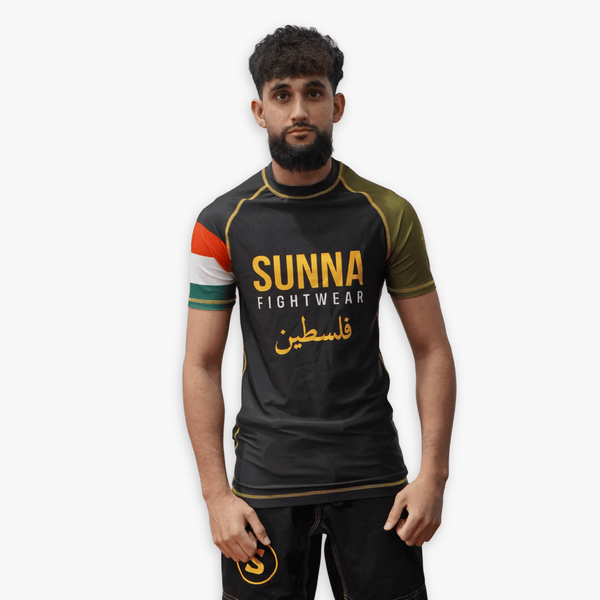 Palestine Series rashguard front view - Sunna Fightwear premium compression top for Brazilian Jiu-Jitsu grappling

